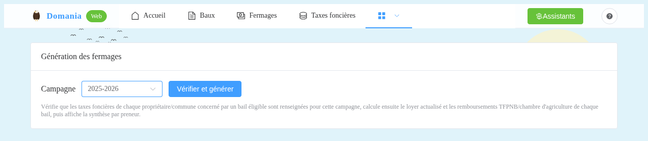 Écran Génération des fermages : choix de la campagne